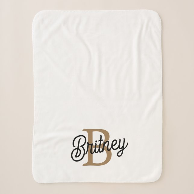 Modern Elegant Monogram Name  Black Gold Script  Sherpa Blanket (Front)