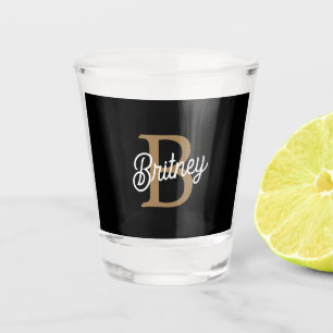 Modern Elegant Monogram Name  Black Gold Script  Shot Glass