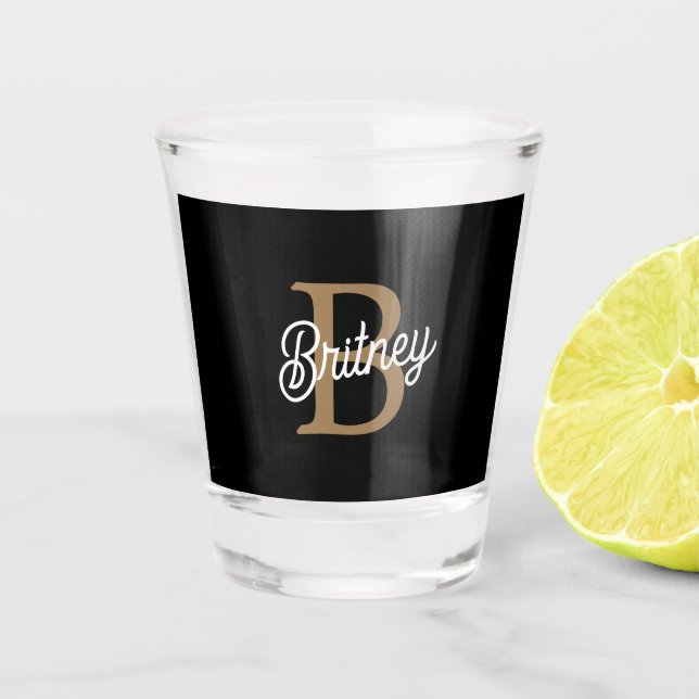 Modern Elegant Monogram Name  Black Gold Script  Shot Glass (Front)