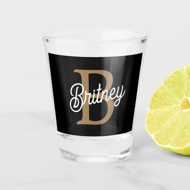 Modern Elegant Monogram Name  Black Gold Script  Shot Glass (Front)