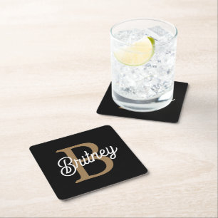 Modern Elegant Monogram Name  Black Gold Script  Square Paper Coaster
