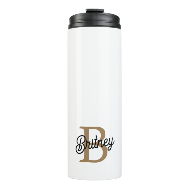 Modern Elegant Monogram Name  Black Gold Script  Thermal Tumbler (Front)