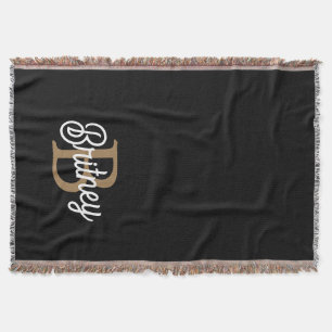 Modern Elegant Monogram Name  Black Gold Script  Throw Blanket