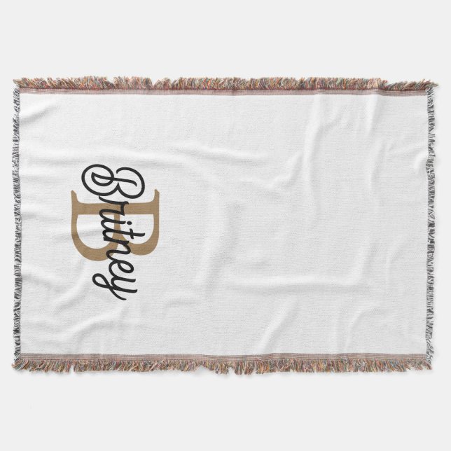 Modern Elegant Monogram Name  Black Gold Script  Throw Blanket (Front)