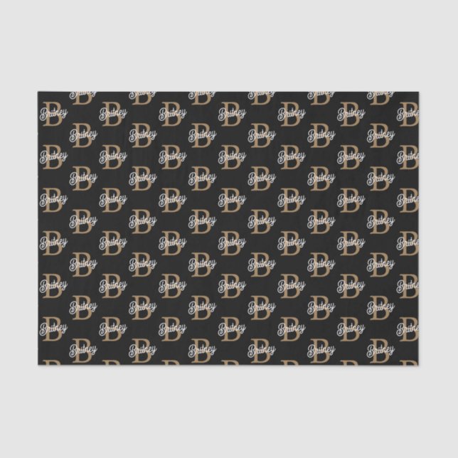 Modern Elegant Monogram Name  Black Gold Script  Tissue Paper (Front)
