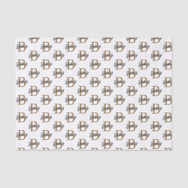 Modern Elegant Monogram Name  Black Gold Script  Tissue Paper (Front)