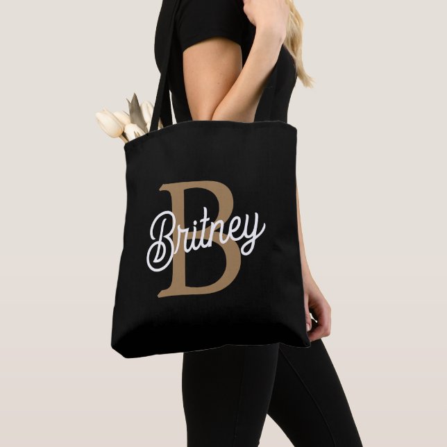 Modern Elegant Monogram Name  Black Gold Script  Tote Bag (Close Up)