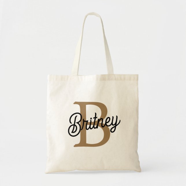 Modern Elegant Monogram Name  Black Gold Script  Tote Bag (Front)