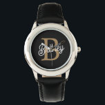Modern Elegant Monogram Name  Black Gold Script  Watch<br><div class="desc">The Modern Elegant Monogram Name Black Gold Script Watch is a sophisticated timepiece that combines functionality with luxury. It features a sleek black watch face adorned with a stylish gold script monogram name, creating a refined and personalised look. This watch is designed to add a touch of elegance to any...</div>
