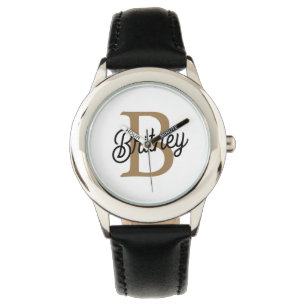 Modern Elegant Monogram Name Black Gold Script Watch