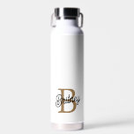 Modern Elegant Monogram Name  Black Gold Script  Water Bottle<br><div class="desc">The Modern Elegant Monogram Name Black Gold Script Water Bottle features a chic black design complemented by luxurious gold script. Personalisation with a monogram and name adds a unique touch, making it both stylish and functional. Crafted from high-quality materials, it keeps beverages at the desired temperature while adding a sophisticated...</div>