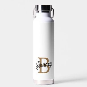 Modern Elegant Monogram Name  Black Gold Script  Water Bottle