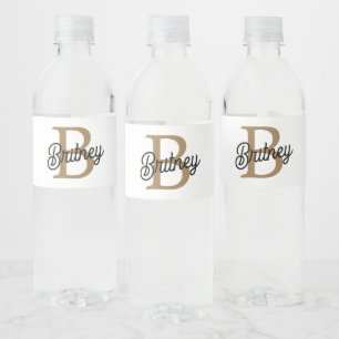 Modern Elegant Monogram Name  Black Gold Script  Water Bottle Label