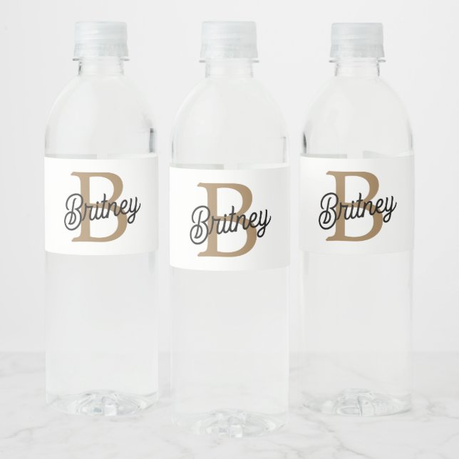Modern Elegant Monogram Name  Black Gold Script  Water Bottle Label (Bottles)