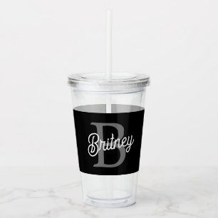 Modern Elegant Monogram Name  Black Grey Script  Acrylic Tumbler