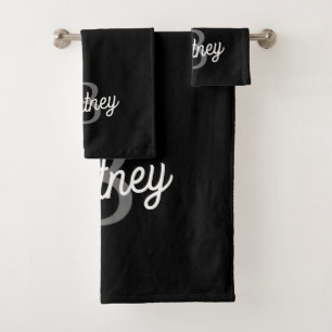 Modern Elegant Monogram Name  Black Grey Script  Bath Towel Set