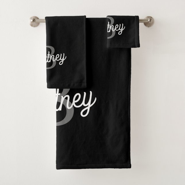 Modern Elegant Monogram Name  Black Grey Script  Bath Towel Set (Insitu)