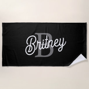 Modern Elegant Monogram Name Black Grey Script Beach Towel