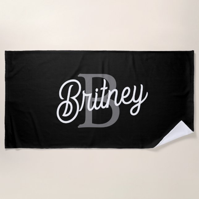 Modern Elegant Monogram Name  Black Grey Script  Beach Towel (Front)