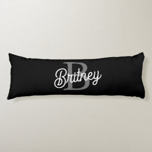 Modern Elegant Monogram Name Black Grey Script Body Cushion