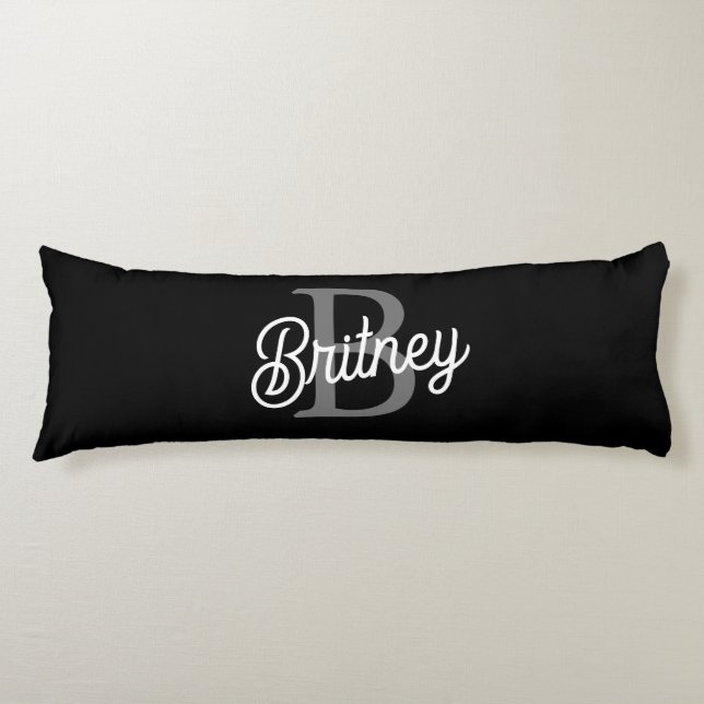 Modern Elegant Monogram Name  Black Grey Script  Body Cushion (Front)