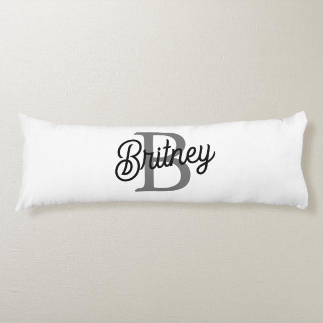 Modern Elegant Monogram Name  Black Grey Script  Body Cushion (Front)