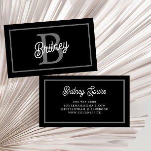Modern Elegant Monogram Name Black Grey Script Business Card