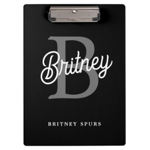 Modern Elegant Monogram Name Black Grey Script Clipboard