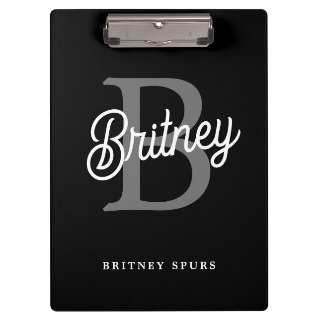 Modern Elegant Monogram Name  Black Grey Script  Clipboard (Front)