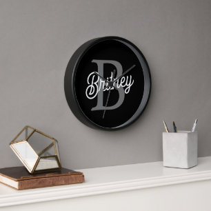 Modern Elegant Monogram Name  Black Grey Script  Clock
