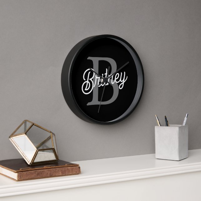 Modern Elegant Monogram Name  Black Grey Script  Clock (Office)