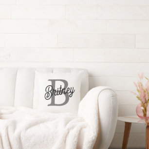 Modern Elegant Monogram Name  Black Grey Script  Cushion