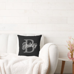 Modern Elegant Monogram Name Black Grey Script Cushion