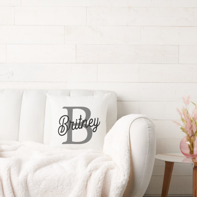 Modern Elegant Monogram Name  Black Grey Script  Cushion (Couch)