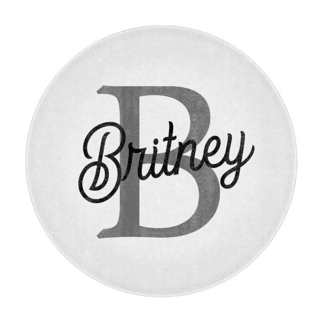 Modern Elegant Monogram Name  Black Grey Script  Cutting Board (Front)