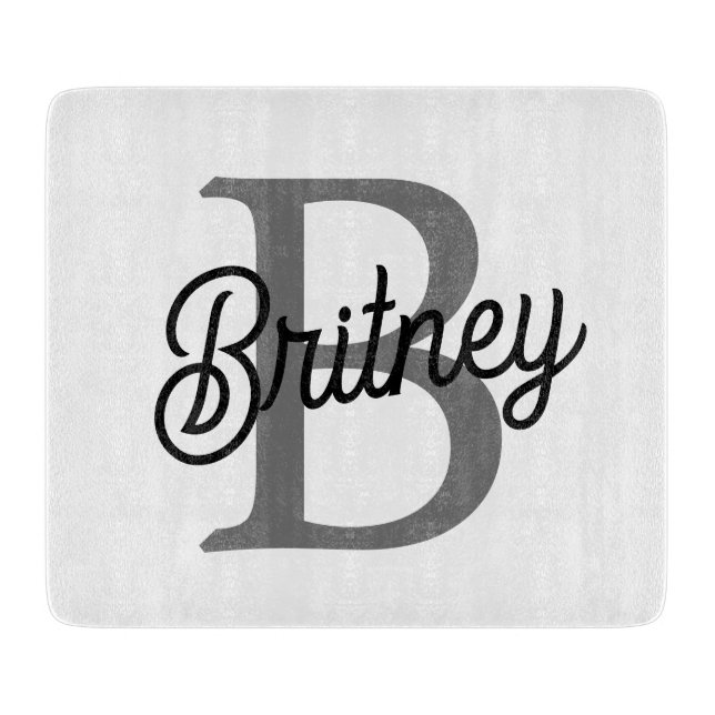 Modern Elegant Monogram Name  Black Grey Script  Cutting Board (Front)