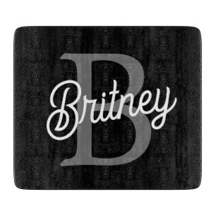 Modern Elegant Monogram Name  Black Grey Script  Cutting Board