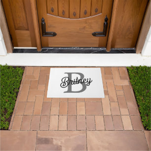 Modern Elegant Monogram Name Black Grey Script Doormat