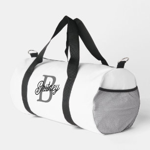Modern Elegant Monogram Name Black Grey Script Duffle Bag