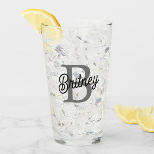Modern Elegant Monogram Name Black Grey Script Glass