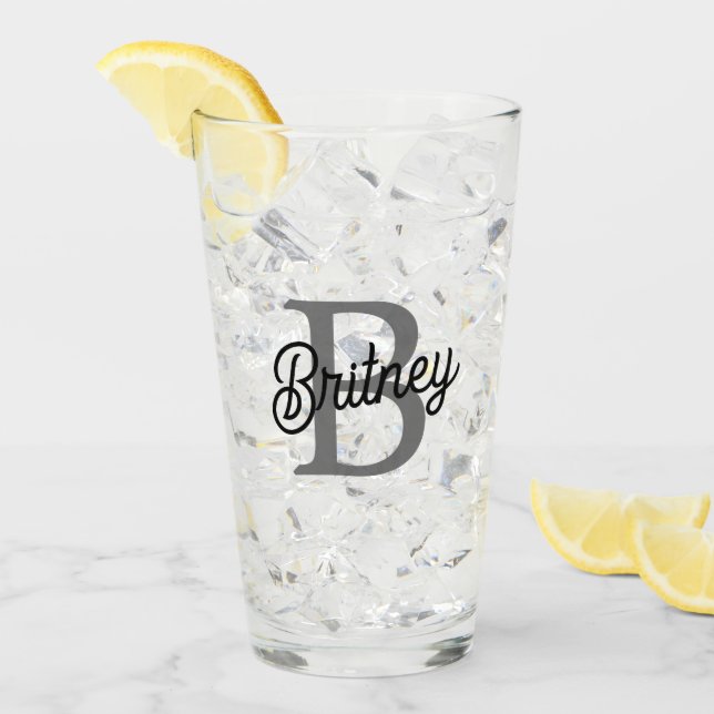 Modern Elegant Monogram Name  Black Grey Script  Glass (Front Ice)