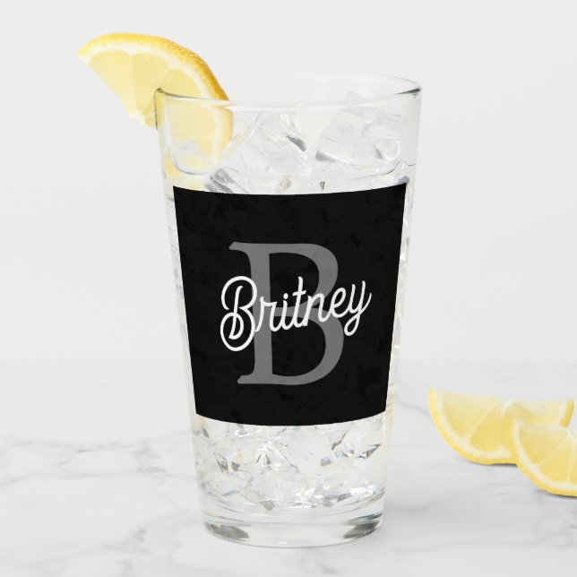 Modern Elegant Monogram Name  Black Grey Script  Glass (Front Ice)