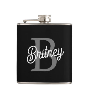 Modern Elegant Monogram Name  Black Grey Script  Hip Flask