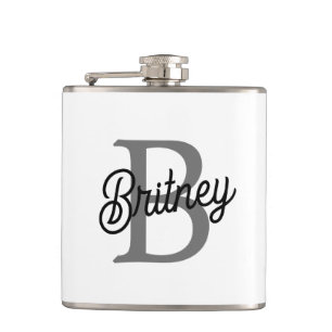 Modern Elegant Monogram Name  Black Grey Script  Hip Flask