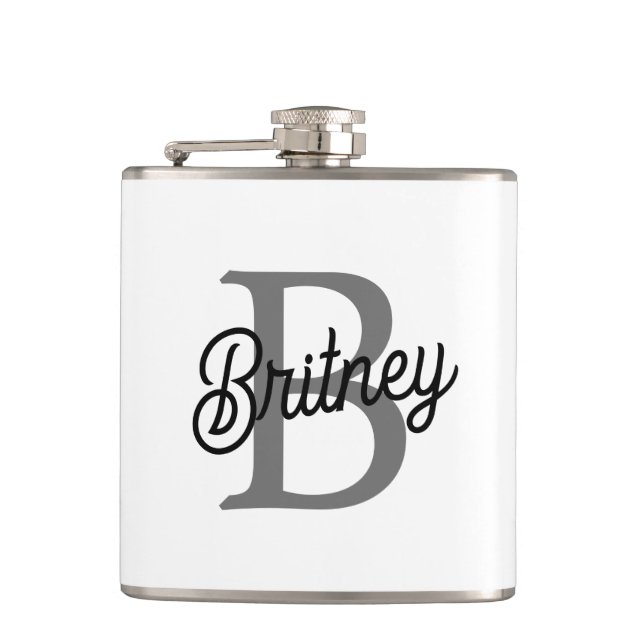 Modern Elegant Monogram Name  Black Grey Script  Hip Flask (Front)