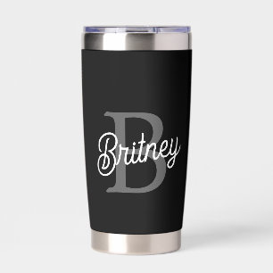 Modern Elegant Monogram Name Black Grey Script Insulated Tumbler
