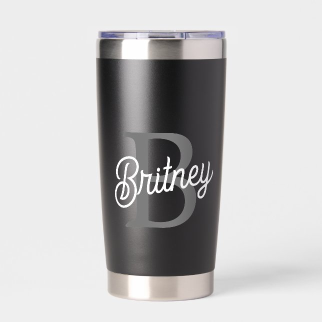 Modern Elegant Monogram Name  Black Grey Script  Insulated Tumbler (Front)