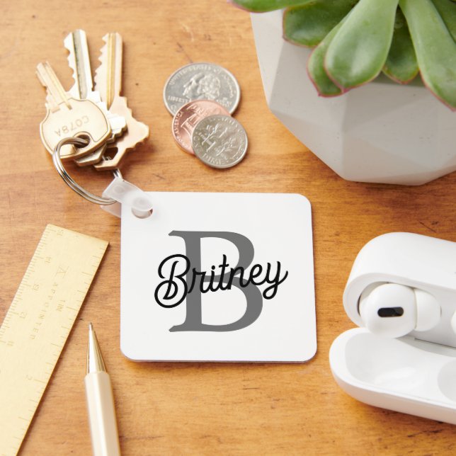 Modern Elegant Monogram Name  Black Grey Script  Key Ring (Desk)