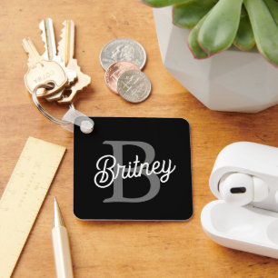 Modern Elegant Monogram Name  Black Grey Script  Key Ring