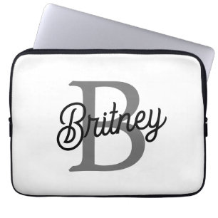 Modern Elegant Monogram Name Black Grey Script Laptop Sleeve